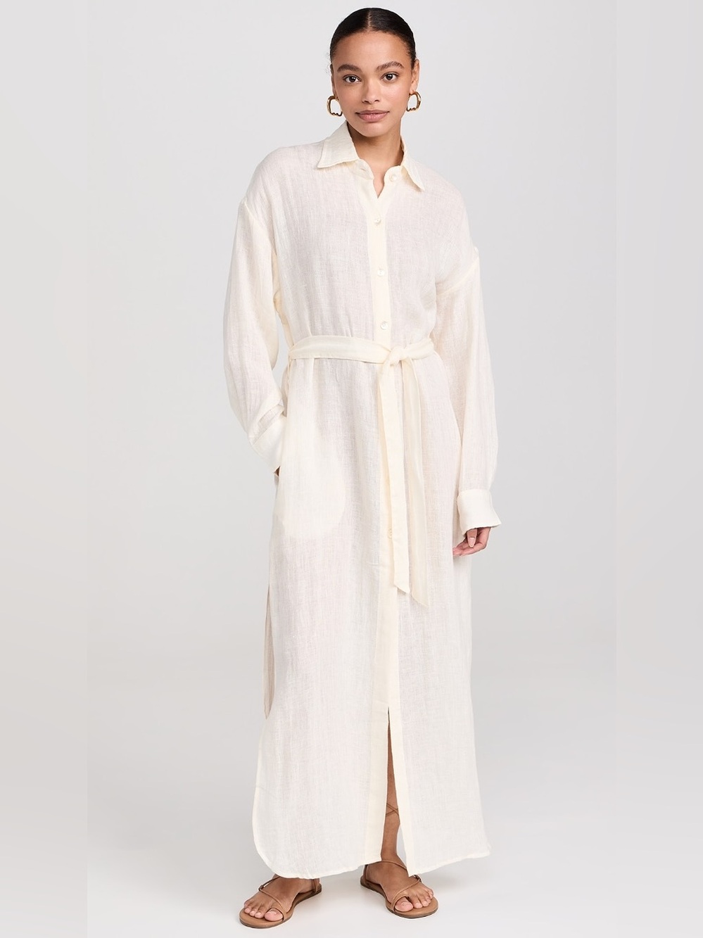 Vitamin A Cream Button-Front Playa Maxi Shirt Dress with Tie Belt